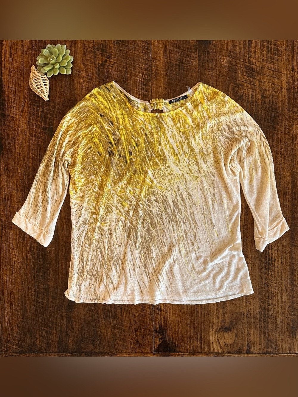 NIC+ZOE | Cream & Yellow Abstract Burst Lightweight Sweater Top, Size L